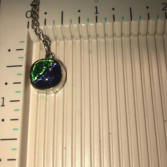 vtg Sterling Silver Chain Metallic Green Purple Dichroic Art Glass Pendant 18” - Picture 7 of 7